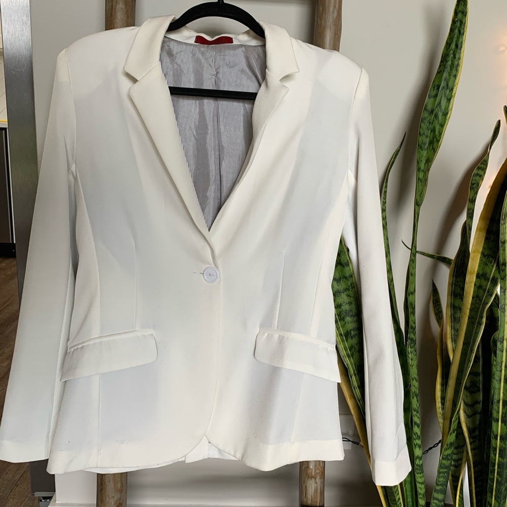 All White Blazer with Blue Striped Lining